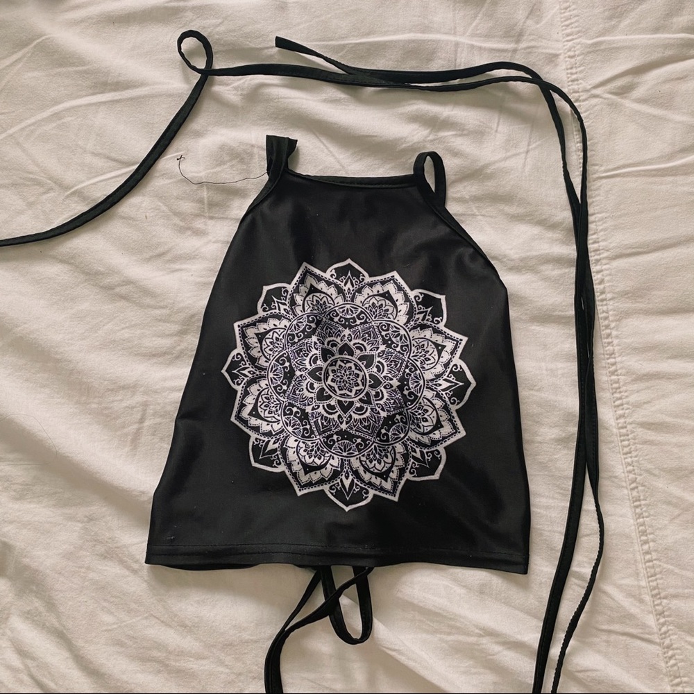 Black and White Mandala Lace Up Crop Top